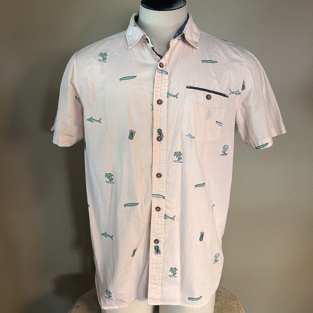 Distortion Men L button Pink Tint Shirt Sleeve Shirt With Tropical Graphics